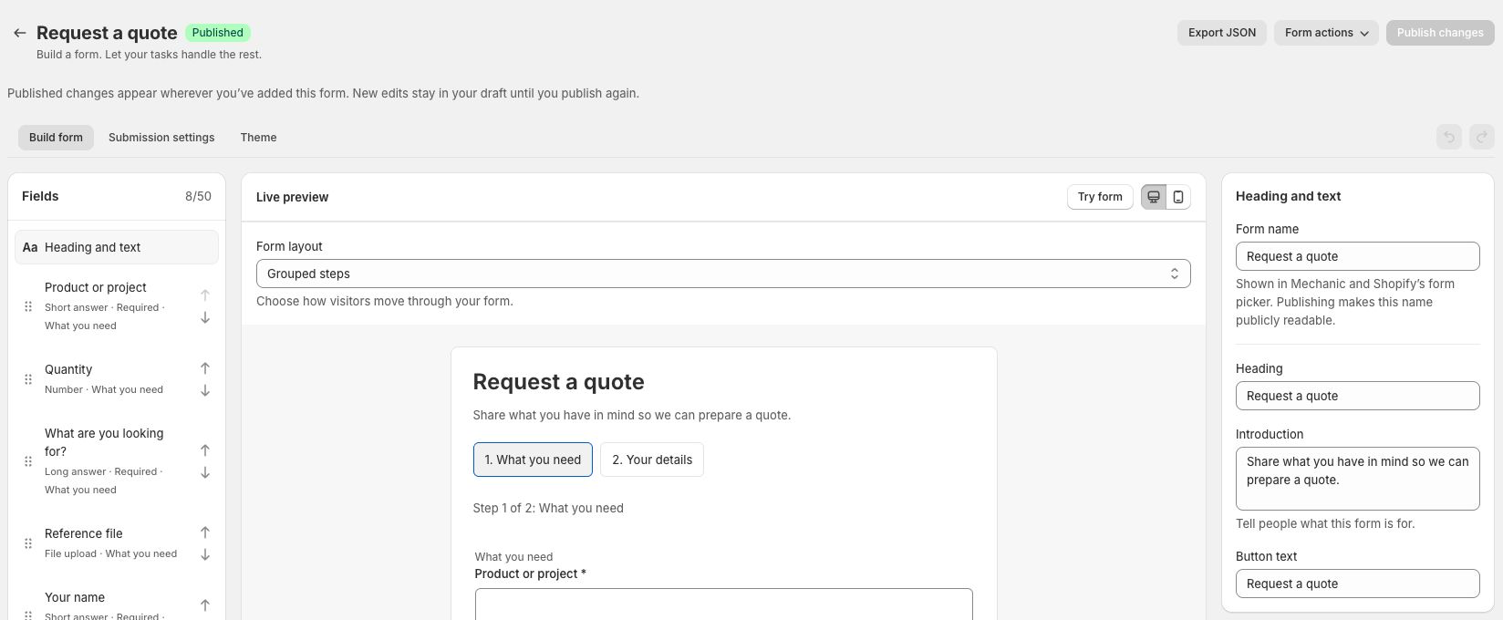 The Mechanic visual form builder, showing its field list, field settings, and form preview.
