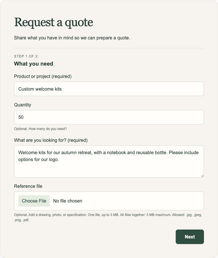 A quote request form with project questions, a file upload, and a Next button.