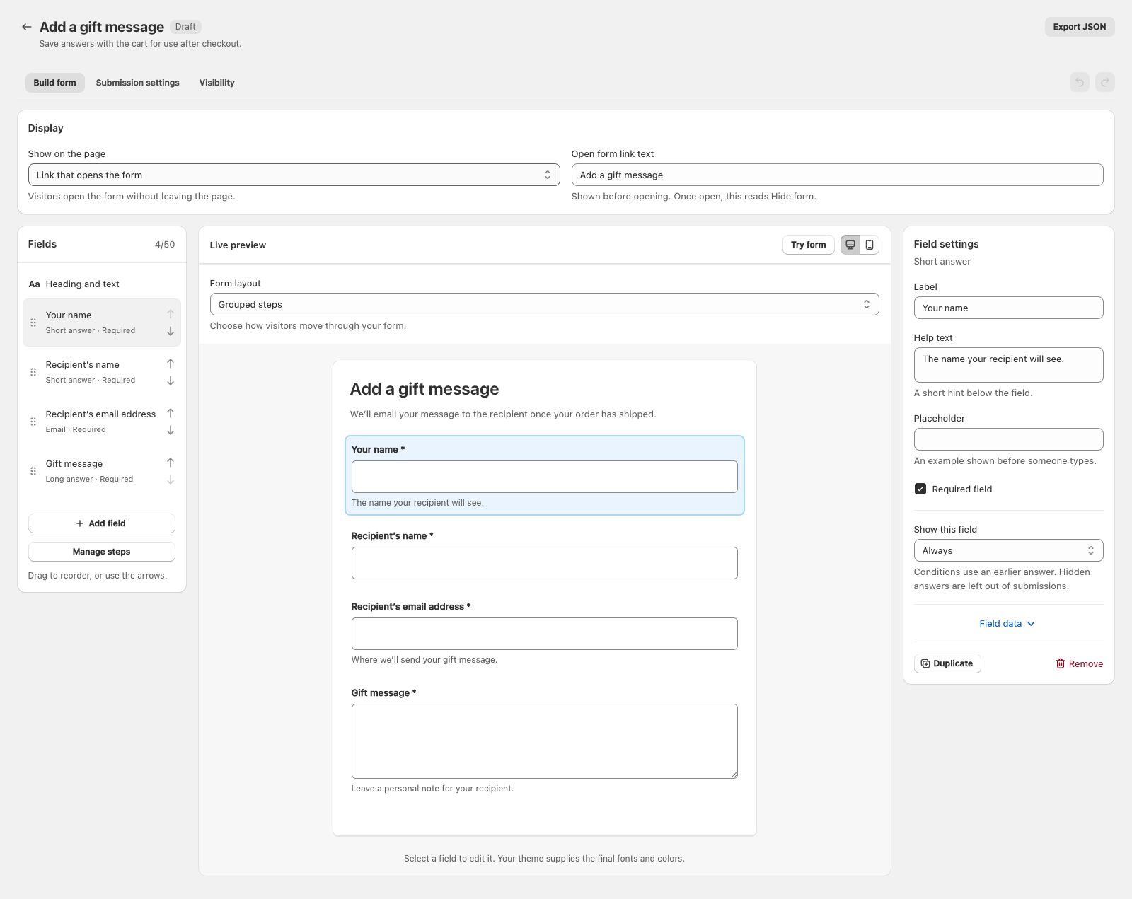 The gift message starter in Mechanic, showing editable questions and a live form preview.